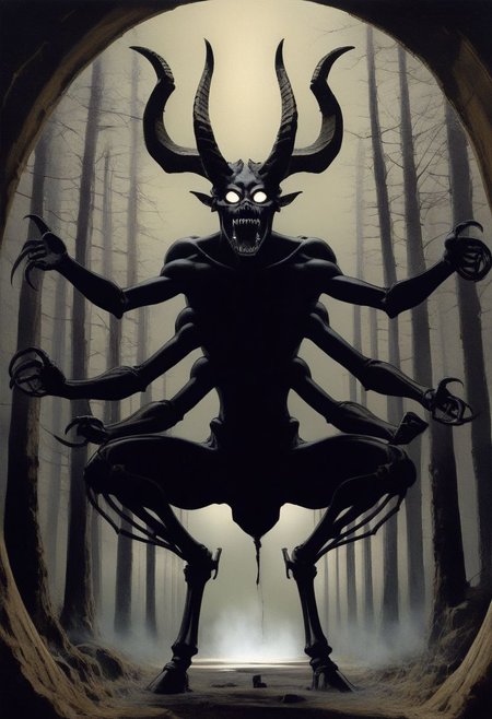 1 creature, dynamic view, 3/4 view, gigant character, dark silhouette, multiple arms, ((multiple horns, numerous horns, multiple large horns, multiple small horns, branching horns, chaotic horns)), ((asymmetrical)), multiple eyes, multiple sharp teeth, open mouth, crouching, reaching towards the ground, skeletal arms, loose flesh
ph4nt0m01l, Trees, fog, high quality, best quality,  score: 9, score: 8 up, rating: safe