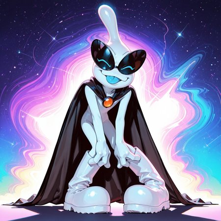 masterpiece, ultra detailed, amazing quality, absurdres, very aesthetic, from below, looming, solo, male focus, 1boy, 
orbulon_WW, white skin, alien, 3 fingers, fewer digits, sunglasses, eyes visible through eyewear, closed eyes, blue eyes, knee boots, white footwear, spiked footwear, pigeon toed, kneeling, brooch, black cape, torn cape, closed mouth, smirk, :3, blue tongue, tongue out, hands on own knees, slim, full body, leaning forward, fluttering cape, 
BREAK 
detailed shading, shadow,  WaiIL25PosC, g0th1c, glowing, backlighting, starry sky, psychedelic background, galaxy, 