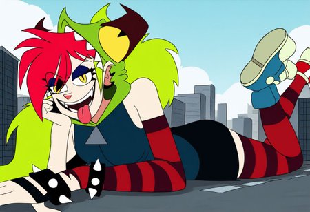 demencia, red hair, green ponytail, striped thighhighs, single striped sock, anklet, green monster hood, yellow eyes, sharp teeth, dark blue hoodie, single striped sleeve, red sneaker, blue sneaker, black skirt, smile, eyeshadow, spiked bracelet, zipper pull tab, torn pantyhose, glove, tongue out, Pov-giantess (macrogts:1.1) (laying on a city (prone) at sunset:1.1), the buildings underneath her body are crushed,