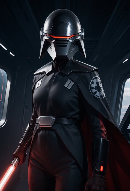 score_9, score_8_up,score_7_up, source_anime, 1girl, solo, <lora:trllsdr_pdxl_EliPot:1>swtrsuscnd, helmet, visor (armor), assault visor, glowing,
shoulder pads, emblem, black bodysuit, insignia, cape, bodysuit, 
makeup, disgust, standing, v-shaped eyebrows, 
spacecraft, spacecraft interior, lightsaber, weapon, outstretched hand,