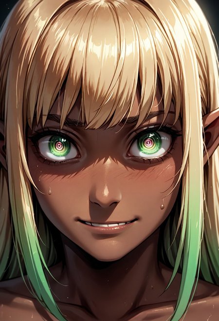 score_9, score_8_up, score_8, (source_anime:1.2), eyedetailxl, bettereyes, detailed_eyes, Makima\(Chainsawman\), BREAK, Makima:1.2, blush, perfect face, 1woman, 22 years old, (bright_pupils), (ringed eyes), blonde hair, gradient hair, dark skin, pointy ears, elf girl, highly detailed, dark-skinned_female, tanned skin, embarrassed, collarbone, bare shoulders, green eyes, close-up, focus on eyes, focus on face, (depth of field), shadows, dark background, eerie glow, smirk