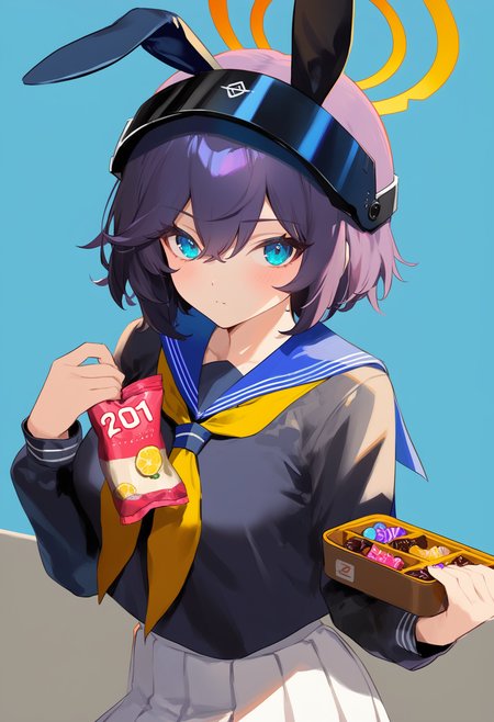 1girl,solo,masterpiece,best quality,newest,recent,
BREAK
1girl, helmet, halo, solo, neckerchief, skirt, school uniform, yellow neckerchief, looking at viewer, food, blush, sailor collar, blue skirt, short hair, long sleeves, blue serafuku, black hair, animal ears, serafuku, fake animal ears, candy, blue eyes, pleated skirt, closed mouth, aqua eyes, :<, purple hair, bangs, military helmet, blue sailor collar, white skirt, breasts, hair between eyes, rabbit ears, simple background, gradient, holding, border,
BREAK
<lora:å¦ä¸ç§è¾ä½ä¿®æ­£XLç¨sd_xl_dpo_lora_v1-128dim:1>,<lora:cutesexyrobuttsXLsucai:1>,