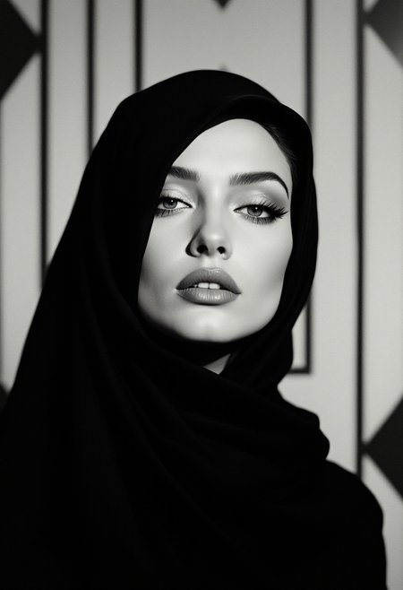 Suprematism,film noir style , woman,wearing hijab,gorgeous, amazing, elegant, intricate, highly detailed, dynamic, sharp focus, beautiful light, friendly, glowing, symmetry, passionate, complex, confident, inspired, brave, vibrant, colorful, thought questioning, pretty, attractive, iconic, epic, fantastic, artistic, background, illuminated, cinematic, fine detail, enhanced,monochrome, high contrast, dramatic shadows, 1940s style, mysterious, cinematic,abstract, limited color palette, geometric forms, Suprematism