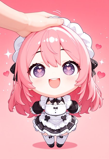 masterwork, masterpiece, best quality, hyper-detailed, 8k uhd, 1girl,solo, CivChan, pink hair, purple eyes, maid, (hearts, sparkles:1.5), pink background, :D, quality: masterpiece, extremely aesthetic, highly detailed, Chb3Hi3, (chibi:1.5), 3d, headpat