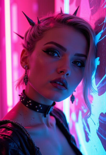 neon noir  A photographic blend of two images:
1) A stylized portrait of a young woman with striking makeup, including black eyeliner, dramatic dark lips, and smoky gray eyeshadow, contrasted against a vibrant pink background. Her hair is dyed in shades of silver, giving her an edgy, futuristic look. She wears a black choker adorned with spikes and sports a pair of statement earrings. Her gaze exudes confidence and her expression is one of intense focus.
2) An artistic rendering of a neon-lit abstract surface that appears to be in motion or melting, creating a dynamic visual effect. The colors are bright and saturated, with the dominant hues being pink, purple, and blue, which together form a gradient background.
Combining these two images into one creates a photorealistic, high-resolution image that seamlessly transitions from a realistic portrait to an abstract neon dreamscape. The composition is balanced, with the subject on the left side providing a strong focal point against the more abstract and colorful background. Depth of field blurs the subject's body to focus on her face, while the background remains in sharp detail to draw attention to its vibrant energy.
The lighting is dramatic, with a soft, diffused light source creating gentle shadows on the subject and enhancing the neon effect in the abstract section. The mood of the image is surreal and dreamlike, invoking feelings of freedom, self-expression, and the blending of reality with imagination.  . cyberpunk, dark, rainy streets, neon signs, high contrast, low light, vibrant, highly detailed