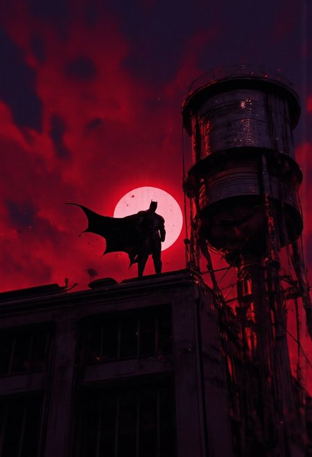 Batman is positioned prominently on a building rooftop, looking down over the city in a vigilant stance.
He wears his  black suit, complete with a cape that flows down his back, creating a silhouette effect against the  night sky.
The sky is tinged with a moody blend of dark red and purple tones, creating an intense, 
Stars are faintly visible in the night sky, 
A flock of bats is shown flying around Batman,
The rooftop Batman stands on has a modern industrial look, with large windows that are darkened, suggesting it is late at night.
To the right of Batman, a tall, cylindrical water tower with a mosaic-like pattern stands on a metal frame. The water tower 
The light source behind Batman casts a dramatic glow, giving him a backlit effect and making him the focal point of the image.
The color palette is dominated by shades of dark red, purple, and black, creating a noir-inspired, intense ambiance.
