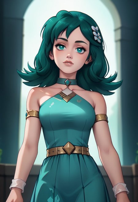 score_9, score_8_up, score_7_up, score_6_up, PRSNL_3_1, uncensored, pupils black dots, lips,
upper body, best quality, masterpiece, 4k, realistic, warm light,
Kris_Sygna, medium hair, green hair, hair ornament, green eyes, choker, dress,  blue dress, halter dress, bare shoulders, shorts, blue short, shorts under dress, wrist cuffs,  Kris_Sygna, medium hair, green hair, hair ornament, green eyes, choker, dress,  blue dress, halter dress, bare shoulders, shorts, blue short, shorts under dress, wrist cuffs,