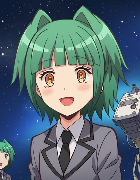 score_9, score_8_up, score_7_up, source_anime, <lora:kaede-kayano-s1s2-ponyxl-lora-nochekaiser:1>, kaede kayano, short hair, bangs, brown eyes, yellow eyes, green hair, hair intakes, anime screencap,, blazer, grey blazer, school uniform, pleated skirt, necktie, grey skirt, black necktie, white shirt, collared shirt, long sleeves,, factory, machines, workers, assembly, production, smile, <lora:space-cat-ponyxl-lora-nochekaiser:1> space cat, space cat (meme), galaxy, meme, space, galaxy background, universe, nebula, star (sky), blank stare, looking up, open mouth, blush, cowboy shot, looking at viewer, solo,, dutch angle, cowboy shot