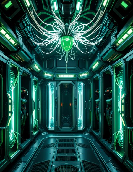 A dark, oppressive regeneration chamber deep within a Borg vessel â a biomechanical environment where drones return to recharge and interface with the collective. The chamber is dimly lit with pulsating green and white lights that flicker through dense shadows. The walls are lined with vertical alcoves, each containing a Borg drone standing motionless, plugged into the system via biomechanical tendrils, tubes, and neural interfaces embedded into their bodies.
The surfaces of the room are a fusion of metallic plating, organic texture, and cybernetic growths â as if the ship itself is alive, constantly shifting and adapting. Steam hisses softly from vents near the floor, and faint mechanical whirring echoes through the chamber. Fiber optic cables pulse with data transmissions, running across the ceiling like glowing veins. 
Above, a central neural conduit hangs like a mechanical spine from the ceiling, branching out and connecting to each alcove, feeding the collective hive mind with real-time information. The atmosphere is cold, sterile, and unnervingly silent â a place devoid of individuality, where only the will of the collective exists. There is no comfort here, only efficiency, order, and total control. 
<lora:SDXLFaeTastic2400:0.4> <lora:extremely_detailed:0.4> extremely detailed,<lora:borg_recharge_ch4mb3r:1>,borg recharge ch4mb3r, Masterpiece,best quality,hi res,8k,hi res,8k,award winning,(sharp focus, intricate, highly detailed),