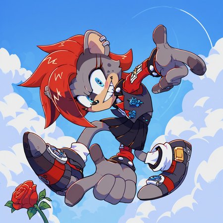 safe_pos, safe_pos, score_9, score_8_up, score_7_up, score_6_up, score_5_up, score_4_up, rating_safe, blue eyes,  sonic channel (style), looking at viewer, grin, teeth, full body, sonic adventure pose
hyena, best quality, blush, extreme detail, masterpiece, anatomically correct, grey fur, red undercut, red hair, black skirt, masterpiece, rose, sexy, outside a club,