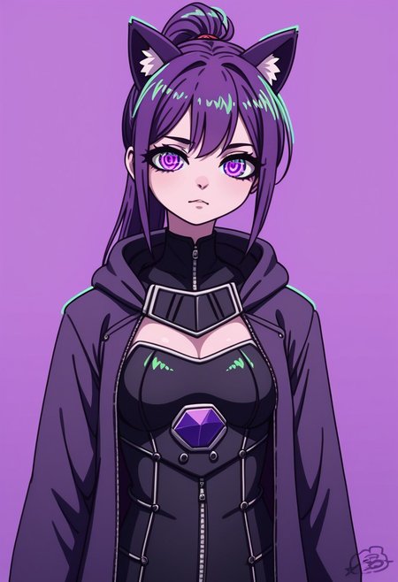 score_9, score_8_up, score_7_up, masterpiece, best quality, detailed, amazing quality, detailed background, colorful, detailed eyes, clean eyes, solo, medium breasts, pose, cat ears,
1girl, purple hair, ponytail, black clothes, coat, gloves, hoodie, white clothes, body armor,