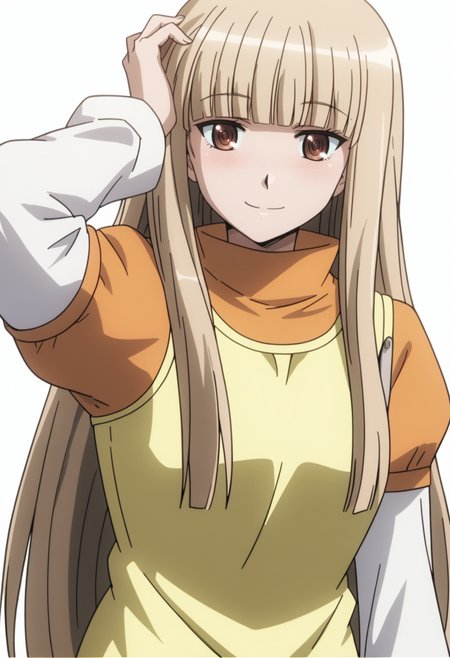 score_9, score_8_up, score_7_up, source_anime, (white background:1.2) ,BREAK, 1girl, solo, <lora:DX888Kashiko:1>, misumi kashiko,  brown eyes, blonde hair, long hair,  . layered sleeves, dress, adjusting hair,  smile,