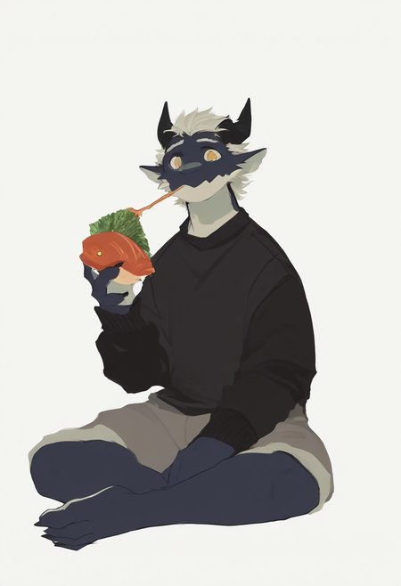 score_9_up, score_8_up, score_7_up, source_furry, yay, dragon boy, white eyebrows, yellow eyes, 1boy, solo, sitting, black sweater, gray shorts, eat big fish, simple background, white background, dnd