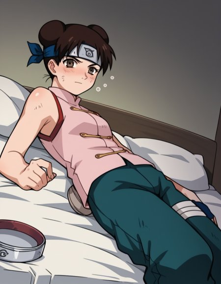 score_9, score_8_up, score_7_up, source_anime, <lora:tenten-s1-ponyxl-lora-nochekaiser:1>, tenten, brown hair, brown eyes, hair bun, double bun,, skirt, bare shoulders, sleeveless, forehead protector, konohagakure symbol, chinese dress, pink dress, pants,, indoors, bed, bed room, on side, blush, drunk, looking at viewer, solo,, cowboy shot, dutch angle