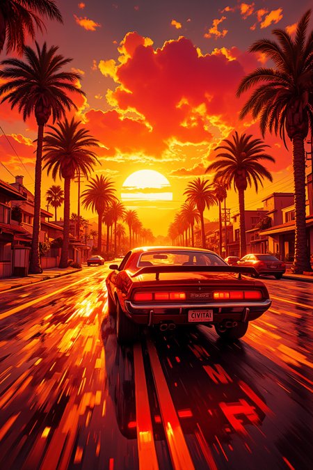 pinhole photography. Dutch angle cinematic shot of a cherry red muscle car from the 1970s cruising at speed onto a majestic reddish sunset. The road reflects the bright orangish glow of the sun on the drenched asphalt, and palm trees line its sides. Bright yellows and reds reflect on the car's body and highlight its fast moving silhouette. Pinkish clouds adorn the vast expanse of the horizon, creating depth and perspective in this energetic composition. The car's license plate has the text "CIVITAI".