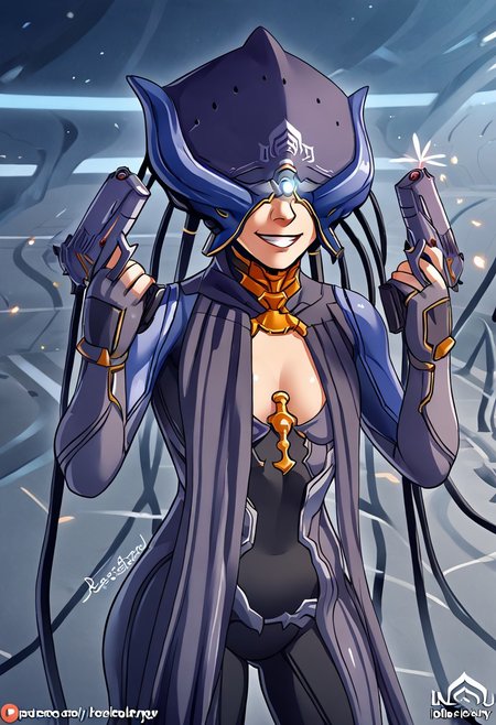 score_9, score_8_up, score_7_up, Expressiveh, 1 female, lotus (warframe), full face helmet, cable, logo on helmet, bodysuit,  deagle, smile, grin, magnum gun, holding gun, holding weapon, dual wielding, finger on trigger, deagle,<lora:DanielRadcliffeHoldingTwoGunsMeme_pdxl_Incrs_v1:1>