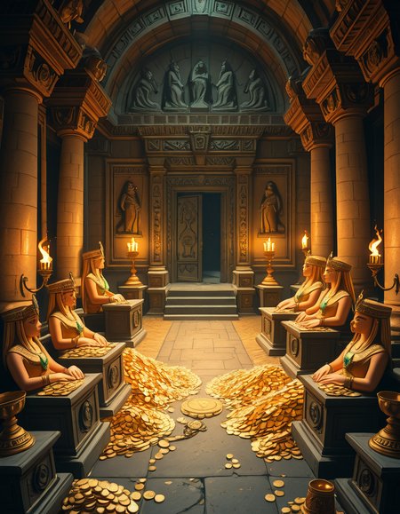 A hidden treasure chamber deep within an ancient temple, illuminated by the warm golden glow of torches and mystical blue light from enchanted crystals. The room is filled with piles of gold coins, jewel-encrusted goblets, and ancient artifacts covered in dust. Massive stone statues of forgotten deities guard the chamber, their eyes glowing faintly as if watching intruders. In the center, a grand pedestal holds a legendary artifactâan ornate golden crown encrusted with emeralds and sapphires, shimmering with an otherworldly aura. The walls are adorned with intricate carvings depicting lost civilizations, and creeping vines hint at centuries of abandonment. The atmosphere is mystical and slightly eerie, with a sense of both wonder and danger. The air is thick with the scent of aged parchment and burning incense, adding to the chamberâs ancient and mysterious feel. Cinematic lighting with dramatic shadows enhances the depth and richness of the scene, creating a visually stunning and immersive environment.
<lora:SDXLFaeTastic2400:0.4> <lora:extremely_detailed:0.4> extremely detailed,treasure ch4mb3r, <lora:treasure_ch4mb3r-i:1>, Masterpiece,best quality,hi res,8k,hi res,8k,award winning,(sharp focus, intricate, highly detailed),