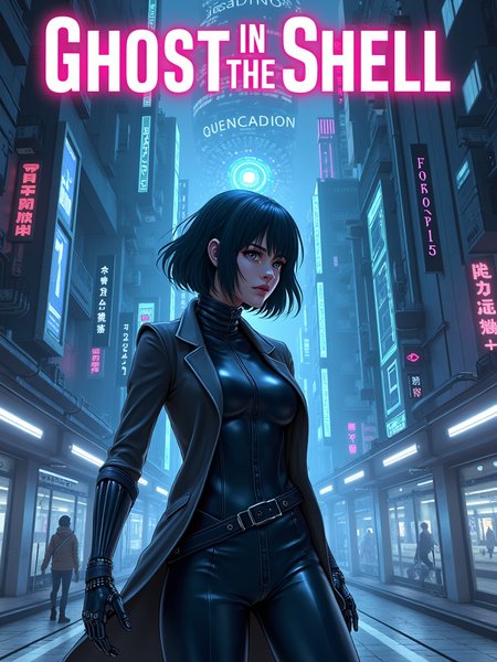 A futuristic book cover for "Ghost in the Shell," featuring Major Motoko Kusanagi in a dynamic pose, surrounded by a cyberpunk cityscape with neon lights and holograms, intricate technological details in the background, a moody color palette of blues and purples, with elements like robotic enhancements and digital interfaces, bold typography at the top saying "Ghost in the Shell" in a sleek, modern font, capturing the essence of technology and existential themes, high detail, immersive and thought-provoking atmosphere --v 5 --ar 9:16
