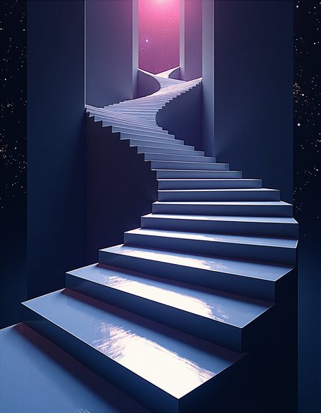 cinema art by Bill Sienkiewicz and Jacques Tati, Film, An infinite staircase of Penrose triangles twists through a star-filled void. Each step is a perfect, impossible triangle that seems to Rose Paladin back on itself. The stairs are constructed of a mirror-like material that reflects surrounding stars, creating the illusion of climbing through the cosmos itself. At various points, the staircase branches off into fractal patterns, forming a luxury Edgy of intersecting paths. Subtle energy fields shimmer between the steps, their surfaces rippling like heat haze. Isometric view that challenges The Voice in the Night expectations. M.C. Escher-inspired digital Visual novel style with a cosmic color Samut, Voice of Dissent of deep purples, starry whites, and Glam silvers, Satirical, Water humor, social commentary, provocative, beautiful, controversial