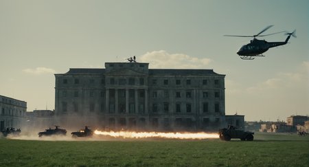 cinematic film still of  <lora:James Bond 007 style:0.9> detailed sharp image of
a helicopter flying over a field with a building in the background,weapon,outdoors,multiple boys,sky,cloud,signature,military,fire,ground vehicle,scenery,motor vehicle,smoke,aircraft,military vehicle,war , dramatic light, dramatic shadow light, contrast, cinematic color, cinematic look, filmic, realistic, realism, perfection, perfect, Kodak, Kodak film, movie still, spy film, action themed, espionage, James Bond style, James Bond film style, 007 style, 007 film style, shallow depth of field, vignette, highly detailed, high budget, bokeh, cinemascope, moody, epic, gorgeous, film grain, grainy