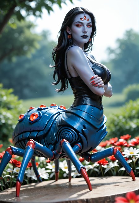1girl, monster girl, arthropod girl, spider girl,arachne, taur, milf,
colored skin, blue skin, blue_skin:1,blue_body
red eyes, extra eyes, (red_sclera), colored sclera,
long hair,  black hair, hair behind ear,
breast, 
red claws, long fingernails,fingernails,
pointy ears,
fantasy clothing, black leather cloth, 
makeup,black lips, lipstick,
<lora:broodmother_v1:0.8> broodmother_v1,
solo,, score_9, score_8_up, score_7_up, score_6_up, derpibooru_p_95,
detailed eyes, beautiful, detailed background, perfect eyes,
blur censor, blurry, blurry background, blurry foreground, bokeh, motion blur,
chromatic aberration, depth of field, figure, focused,  focus
photography, realistic sun light and shadows, photorealism, UHD --ar 9:16 --style raw --stylize 700,
solo,
surrounded by skura flowers, japanese sakura garden, (blossoming flowers, celestial color theme:1.2),leaning back, standing on one leg, figure four pose, looking at viewer, (from below, from side, ass)