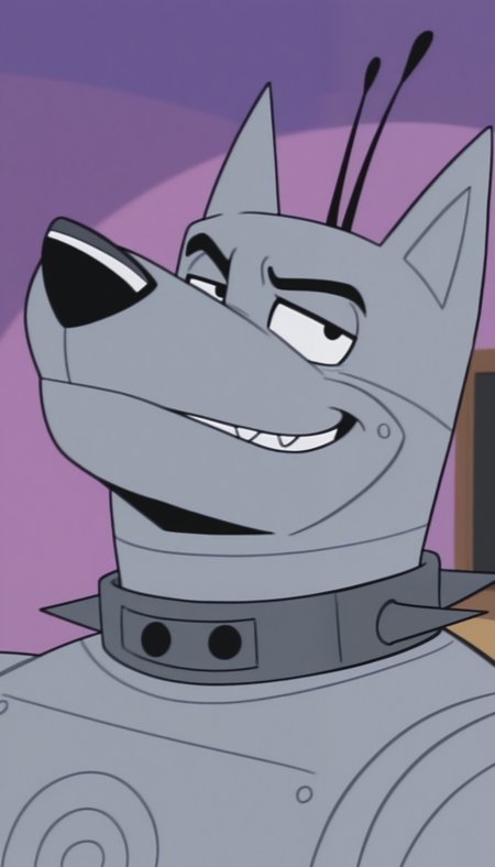 masterpiece,best quality,amazing quality, 1boy, solo, sentroS3, robot anthro dog, bara, silver skin, spiked collar, antenna, close up side angle, smirk,