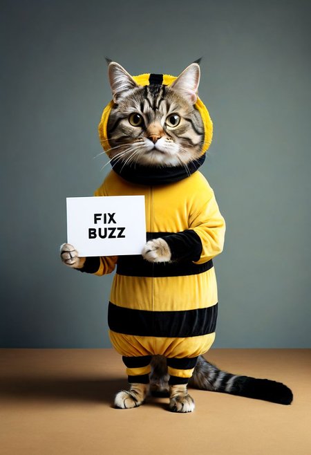 Realistic photograph of a cat in comically ill fitting bee-costume-, (holding sign with text:"fix buzz":1.4 ), in the style of, meticulous details, ultimate photo-realistic, still life, (holding sign that reads "fix buzz plz" ),  david teniers the younger, charming character illustrations, use of screen tones, 32k, subsurface scattering, Photo realism, Hyper-realistic, analog style, realistic, film photography, soft lighting, heavy shadow