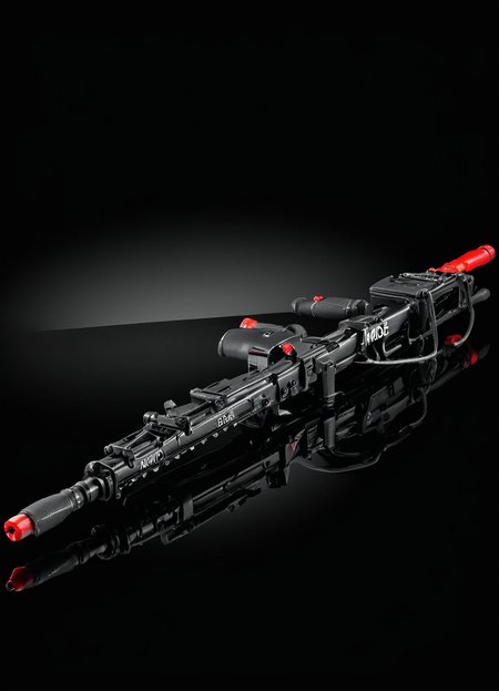 product advertisment photo of a m56smrt weapon, text "More Power!" in bold red letters, displayed on a glass surface, refelctions, glossy, dark background,
 <lora:M56_Smartgun_-_Aliens_SDXL:1>