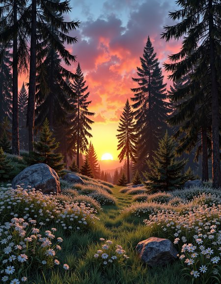 nmskyrim, Bright design, highly detailed, Still Life, (Gray theme:0.7) , As the sun begins to set, a forest comes alive with the sounds of birds singing and leaves rustling in the gentle breeze. The trees are made of lush green grass, and the air is filled with the sweet scent of blooming flowers. Embroidery, pixiv