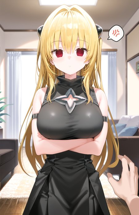 (score_9_up, score_8_up, score_7_up, ASCII score_9), perfect anatomy, aesthetic, detailed background, depth of field, 1girl, <lora:kanzarin+PDXL1-000010:1> kanzarin+, <lora:golden-darkness-ponyxl-lora-nochekaiser:1> yami, yellow hair, long hair, red eyes, hair ornament, two side up, sleeveless, detached sleeves, dress, black dress, black skirt, clothing cutout, cleavage cutout, (huge breasts:1.2), blank eyes, expressionless, crossed arms, standing, indoors, house, living room, spoken anger vein, looking at viewer, pov hands