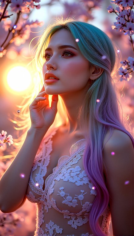 Extreme realism in a complex, highly detailed composition featuring a beautiful voluptuous woman with flowing rainbow-colored hair. The glowing background, with its vibrant colors, exaggerated details, intricate textures, and dynamic lighting, creates a whimsical, dreamy atmosphere in photorealistic quality.

Small, glowing particles floating in the air, adding a magical and ethereal quality to the scene.Clouds with an iridescent sheen, reflecting multiple colors and adding a whimsical touch to the sky.Tree branches that emit a soft light, adding a mystical and natural element to the background.


One hand is gently playing with her hair, her eyes looking softly into the distance.


