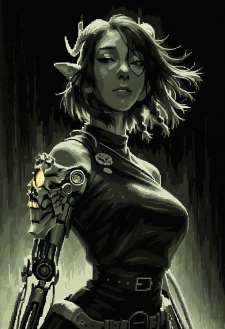 score_9, score_8_up, score_8, female, cel-shading, backlit, delicate features, short hair, (braided hair), black hair, upper body, from waist up, big breasts, horns,  techwear, cyborg, pointy elf ears, rainbow hair, short hair, black background, techwear, LFB, street in background, pixel, green theme, monochrome,