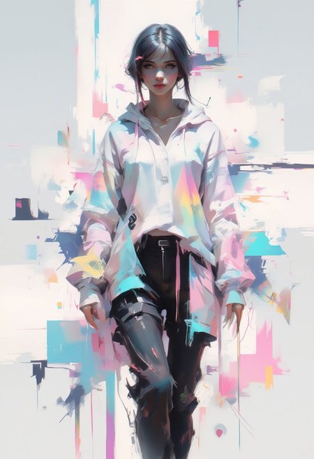 aidmaimageupgrader, female character in the center, abstract geometric patterns, soft gradients, glitchcore aesthetic, white space, ethereal glow, subtle digital distortion, muted neon accents, fragmented visuals, delicate cyberpunk fashion, glowing holograms, faded digital artifacts, minimalist futuristic setting, serene atmosphere, quiet elegance, dreamlike ambiance, broken symmetry, soft focus, worn textures, degraded glitch effects,pscho_4rt