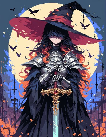 score_9, score_8_up, score_7_up, solo, d3p1x3l, pixel art, ((close up)),
(1girl holding great sword), wearing (huge gothic heavy armor), (slim figure), (wide brim witch hat covers eyes),
brown long hair, 
(in dark woods), (abstract background), Triadic color guide, black, yellow, high contrast,
embedding:zPDXL2, 
zPDXL, Hand, aesthetic,