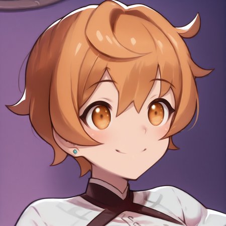 lazypositive, anime screencap, Becky Dragalia, 1girl, orange hair, messy hair, hair between eyes, short hair, orange eyes, stud earrings, bangs,  defaultbecky, white shirt, portrait, smile, open mout,