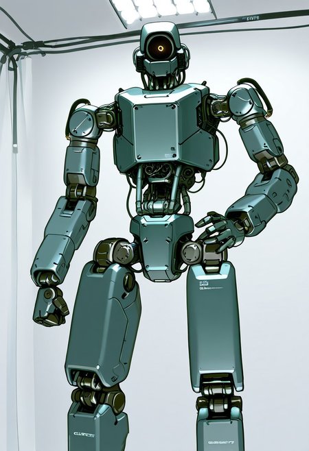 mech, general, solo, looking at viewer, standing, hand on hip, no humans, looking down, robot, wires, cables, clenched hand, science fiction, one-eyed, Non-Humanoid_robot, redesign, photoshoot, studio lighting, mecha, robotics, mechanical parts,