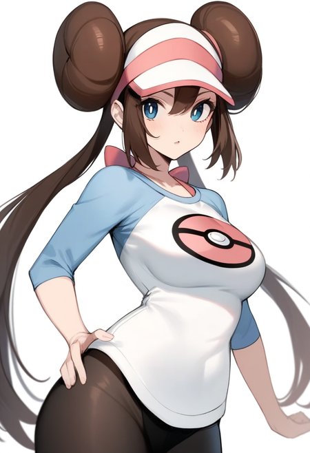 masterpiece,best quality,very aesthetic,absurdres,<lora:rosa_(pokemon):1>,rosa_\(pokemon\), highres, breasts, raglan_sleeves, absurdres, simple_background, print_shirt, 1girl, doughnut_hair_bun, solo, upper_body, pantyhose, white_background, visor_cap, commentary_request, looking_at_viewer, hand_on_own_hip, parted_lips, poke_ball_print, double_bun