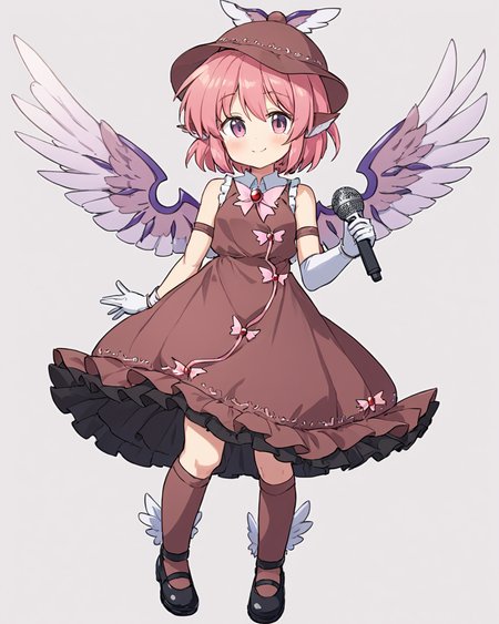 mystia lorelei,1girl, solo, full_body, smile, bird_wings, kneehighs, white_gloves, holding_microphone, adapted_costume, white_background, black_footwear, blush, white_wings, shoes, frilled_dress, hat, brown_socks, closed_mouth, sleeveless_dress, simple_background, brown_headwear, bare_shoulders, pink_dress, brown_dress
<lora:mystia_lorelei_image8444_2023-12-14-000007:1>,star-shaped_pupils,symbol-shaped_pupils,. gorgeous,key visual, vibrant, studio anime,award-winning, professional, highly detailed,high budget, cinemascope