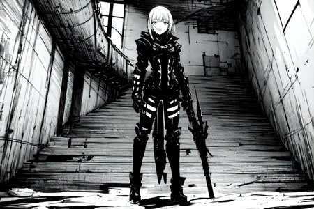 highly insanely detailed, masterpiece, top quality, best quality, highres, 4k, 8k, RAW photo, (very aesthetic, beautiful and aesthetic),  
tsutomu nihei,nihei_tsutomu,blame!,blame gakuen!,abara,TNstyle,sidonia_no_kishi,(sidonia \(ship\),stairs),cyberpunk,empty, 
<lora:ABARA:0.8>, 
(1girl:1.3), 
solo focus, 
metallic silver background,âââ