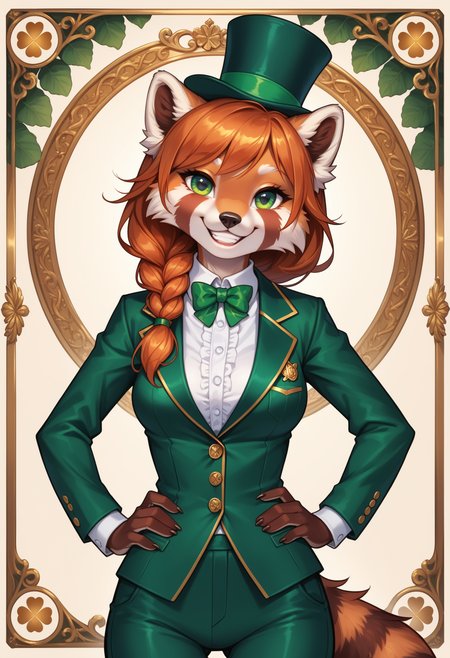 score_9, score_8_up, score_7_up,
source_furry, high quality, perfection, detailed, aesthetic, well-lighted,
1girl, solo, upper body,
(holiday card), (saint patrick's day), four-leaf clover background, gold coins background,  
furry female, anthro, furred body, fluffy fur, beautiful girl, cute girl, adult, youthful, beautiful face, beautiful eyes, perfect eyes, detailed eyes,
red panda girl, medium breasts, orange hair, single braid, green eyes, good hands,
leprechaun, formal suit, green suit, gold designs, jacket, pants, top hat,
grin, happy, happy expression, hands on hips,