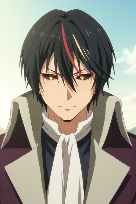 score_9, score_8_up, score_7_up, source_anime, rating_safe, , (3d:0.4), , , 1boy, solo, male focus, <lora:diablo_tensura_pony:0.78>, diablo_tensura, black hair, yellow eyes, multicolored hair, streaked hair, red hair, hair between eyes, colored sclera, cowboy shot, atlantis, day, arms up, heart eyes, , <lora:sdxl_lightning_8step_lora:1>