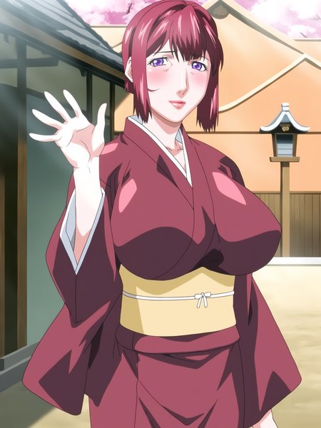masterpiece, good quality, best quality, highres, absurdres, very awa, bloom, shadow, sidelighting, poster \(medium\),
TakashiroShin, standing, (holding beads:0.9), hand up, waving arm, feet out of frame, 
looking at viewer, confident, light smile, blush, 
1girl, mature female, solo,
short hair, red hair, purple eyes, lipstick, lips,
red kimono, sash,
huge breasts,
outdoors, east asian architecture, temple, cherry blossoms, day, sunlight,
 <lora:TakashiroShin 3216 NoobAIXL Epsilon:1>
