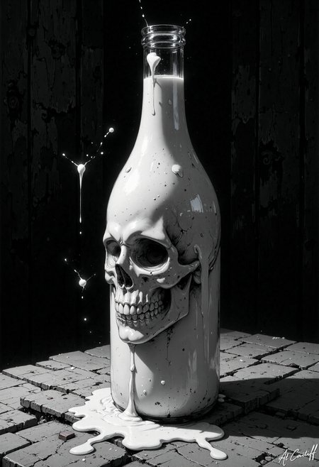 This black and white photograph depicts a glass bottle with a skull's face on its side, partially submerged in a liquid that appears to be milk. A thin stream of milk drips from the skull's mouth, creating a small puddle on the surface below. The bottle is standing upright on a worn and cracked surface, with the light source positioned above it, creating a dark background. The camera angle is straight on, with no distortion or unusual perspective., CreeepyCuteMagic<lora:Flux/creeepycutemagic-000012 - version ER.safetensors:0.5:0.5> <lora:CustomFlux/MysticComic-v2.safetensors:0.5000000000000001:0.5000000000000001> <lora:CustomFlux/MysticFantasy.safetensors:0.15000000000000002:0.15000000000000002>