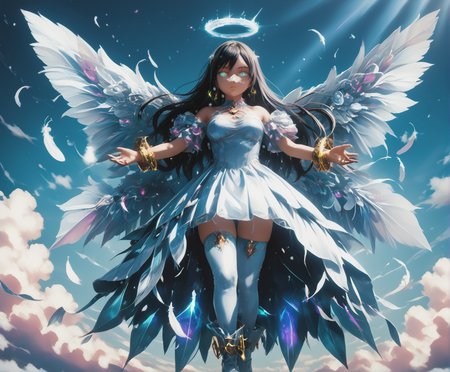 1girl, full body, Ayase Aragaki, long hair, black hair, aqua eyes, bangs, bare shoulders, freckles, tall, large breasts, Dynamic Details, (holographic clothes: glowing vibrant dress, thighhigh boots, golden wrist bangles, skindentation, fashionable, premium, angelic, elegant), faetastic 1girl, cute round face, slender, ultra detailed eyes, ultra detailed hair, ultra beautiful, doll, tpelovedoll, ultrainstinctaura, pure aura, glowing eyes, hands enshrouded with energy, floating, arms extended, dynamic pose, super perspective, from afar, fantasy, flying, torrent winds, (f347h3r angel wings), glowing halo, glowing light particles, trail of aura, glowing feathers, pink clouds, magenta sun, light rays, bokeh, majestic weather, Sky high, purple skies, blue earth below, <lora:Oreimo-Ayase_Aragaki-PDXL:0.75> <lora:superpers:1> <lora:GL0W_SD_1.5__Brightness:1> <lora:BetterFashion_Casual:0.87> <lora:holographic_v0.2-pony:0.85> <lora:hyperdetailer_v095_SD1-5_JuJoHotaru:2> <lora:Varos_-_Feathers_Style_:0.68> <lora:UltraInstinctAura_PXL_Leaf2:0.55> <lora:SDXLFaeTastic2400:0.85> <lora:Koikatsu_PDXL:0.8>, <lora:tpelovedoll-v1.0:0.7> (Embedding:HD32K_NEON),