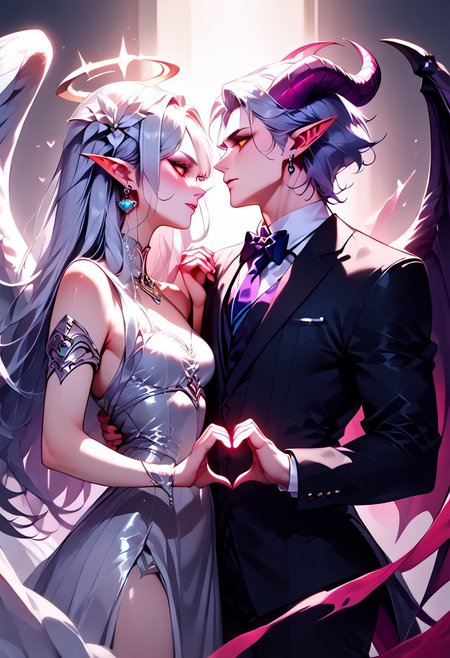 score_9, score_8_up, score_7_up, score_6_up, score_5_up, score_4_up, glossy picture, best quality, glossy, vibrant colors, dramatic lighting, dramatic shadows, glossy, NEGATIVE_HANDS, demonify, angelify, heart hands duo, one demon, one angel, hugging, male demon, female angel, demon in black suit, angel in silver dress, looking at each other, loving expression, making hand heart,