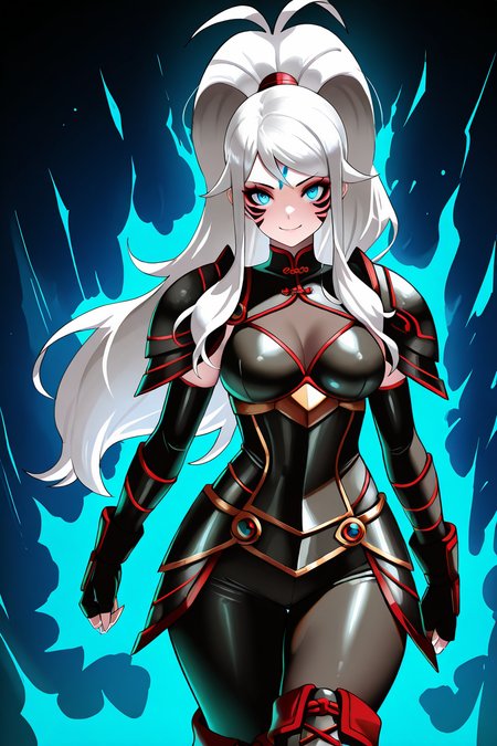 masterpiece, best quality, medium breasts, (curvy),  ,,, BREAK, zzHilda, blue eyes, long hair, high ponytail, sidelocks, <lora:HildaPokemonIXL_e08:1.0>,BREAK,  smile, looking at viewer, cowboy shot,    <lora:FierceDeityFormIXL:1.0>, zzFierce, facial mark, armor, alternate hair color, alternate costume, alternate eye color, dark persona, , tattoo, facial tattoo, shoulder armor,  gloves, white hair, fingerless gloves,boots, aura,