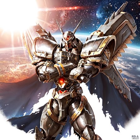 score_9, score_8_up, score_7_up, score_6_up, score_5_up, score_4_up, rating_safe,HDR,epic,dynamic lighting,cinematic shot,raw photo,professional photography,solo,alphamon,mecha,no humans,yellow eyes,crossed arms,space,stars,galaxy, <lora:AlphamonPony:0.95>