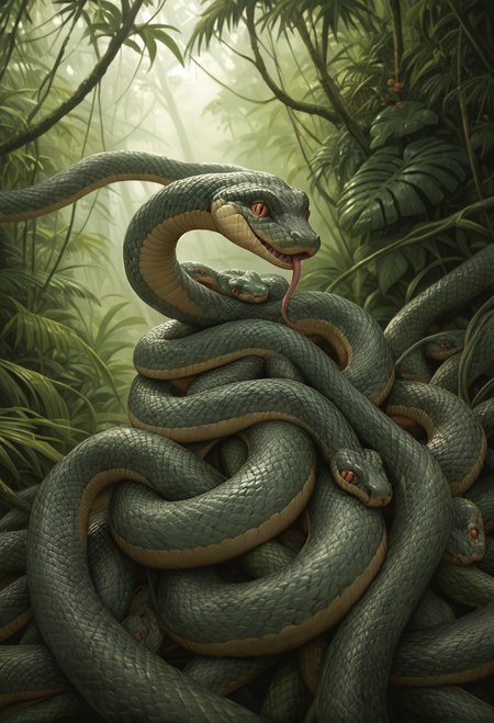 ruanyi1480,snake,jungle,shiny skin,,green snake,tree,<lora:1480 snake_v2_pony:1>, score_9,score_8_up,score_7_up,,8k,solo,,