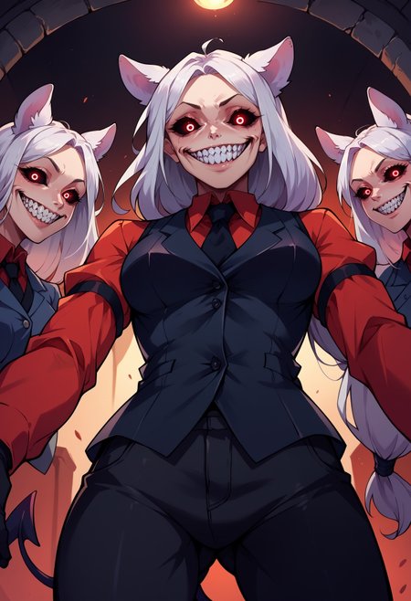 score_9, score_8_up,score_7_up,score_6_up, source_anime,3girls,htcerberus, low-tied long hair, animal ears, demon tail, red shirt, black necktie, long sleeves, arm garter, black gloves, black vest, waistcoat, black pants,
from below,
solgo, sharp teeth, evil grin, black sclera, glowing eyes,portrait, 
<lora:Solgo-grin-v1-potat:0.85> 
<lora:helltaker_cerberus_ponyXL:1>