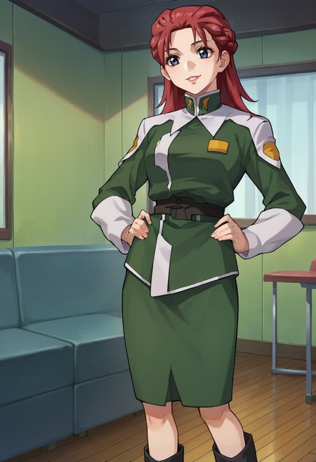 score_9,score_8_up,score_7_up,score_6_up,score_5_up,score_4_up,anime coloring,source_anime,<lora:Meyrin_Hawke_SEED_Destiny_Pony:0.8>,meyrin,1girl,solo,blue eyes,red hair,hair slicked back,side braid,lipstick,green jacket,belt,green skirt,black boots,standing,smile,happy,hands_on_hips,indoors,looking_down,